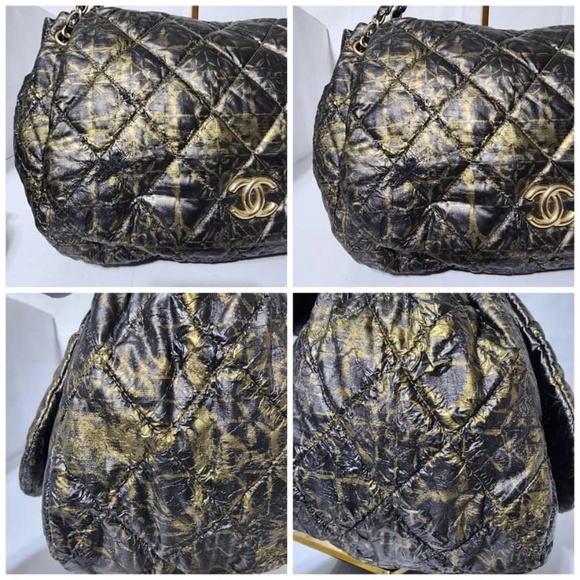 Authentic CHANEL Nylon Printed Quilted Accordion Flap Shoulder Bag Black/Gold - Picture 11 of 16
